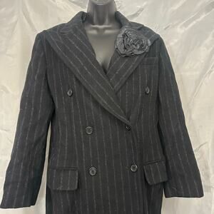 Ralph Lauren Wool Blend Pinstripe Long Coat Size 6 Black Double Breasted Classic